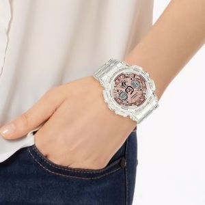 Casio G Shock Women's Analog-Digital Clear Resin Strap Rose Gold Watch 45.9mm